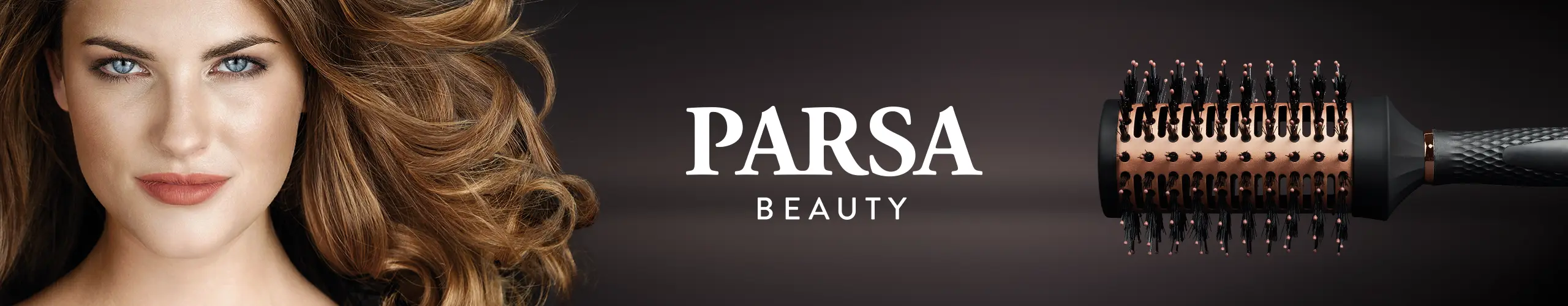 Parsa Beauty Banner, links eine Frau und rechts eine Haarb&uuml;rste