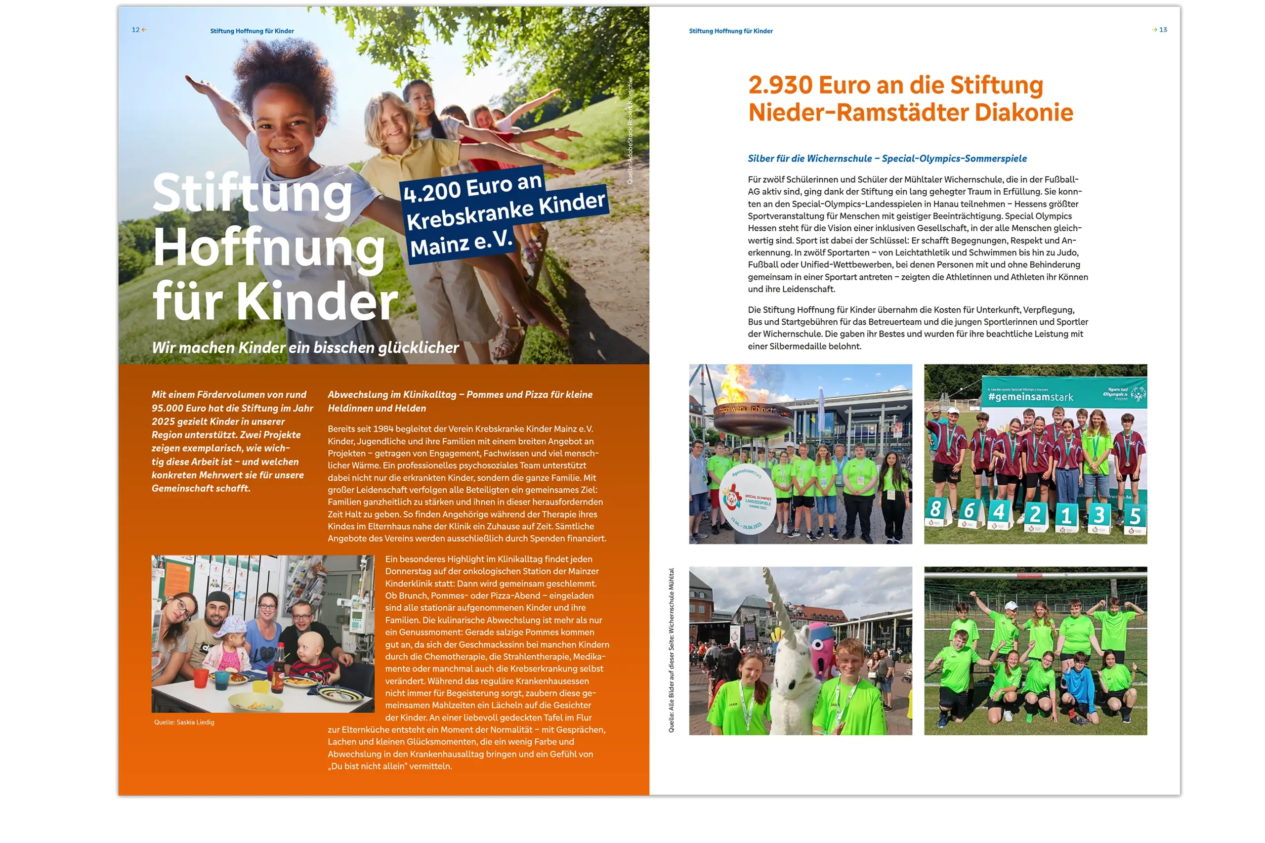 Auszug aus dem gesellschaftlichen Engagement auf der rechten Seite STiftung Hoffnung für Kinder auf der linken seite die Stiftung Nieder-Ramstädter Diakonie
