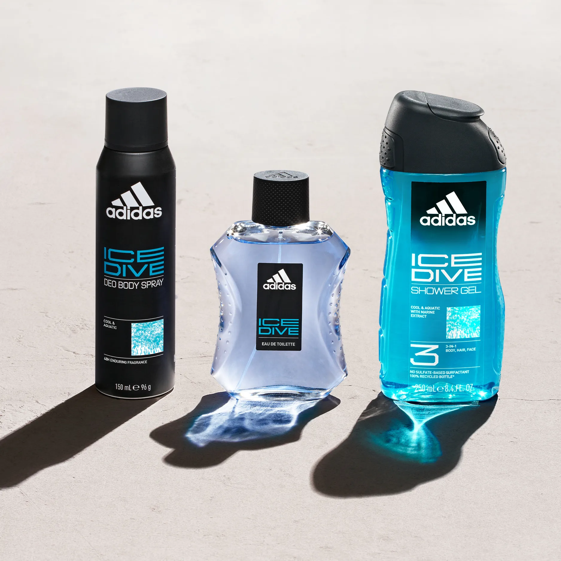 adidas ice dive set body spray, eau de toilette, shower gel