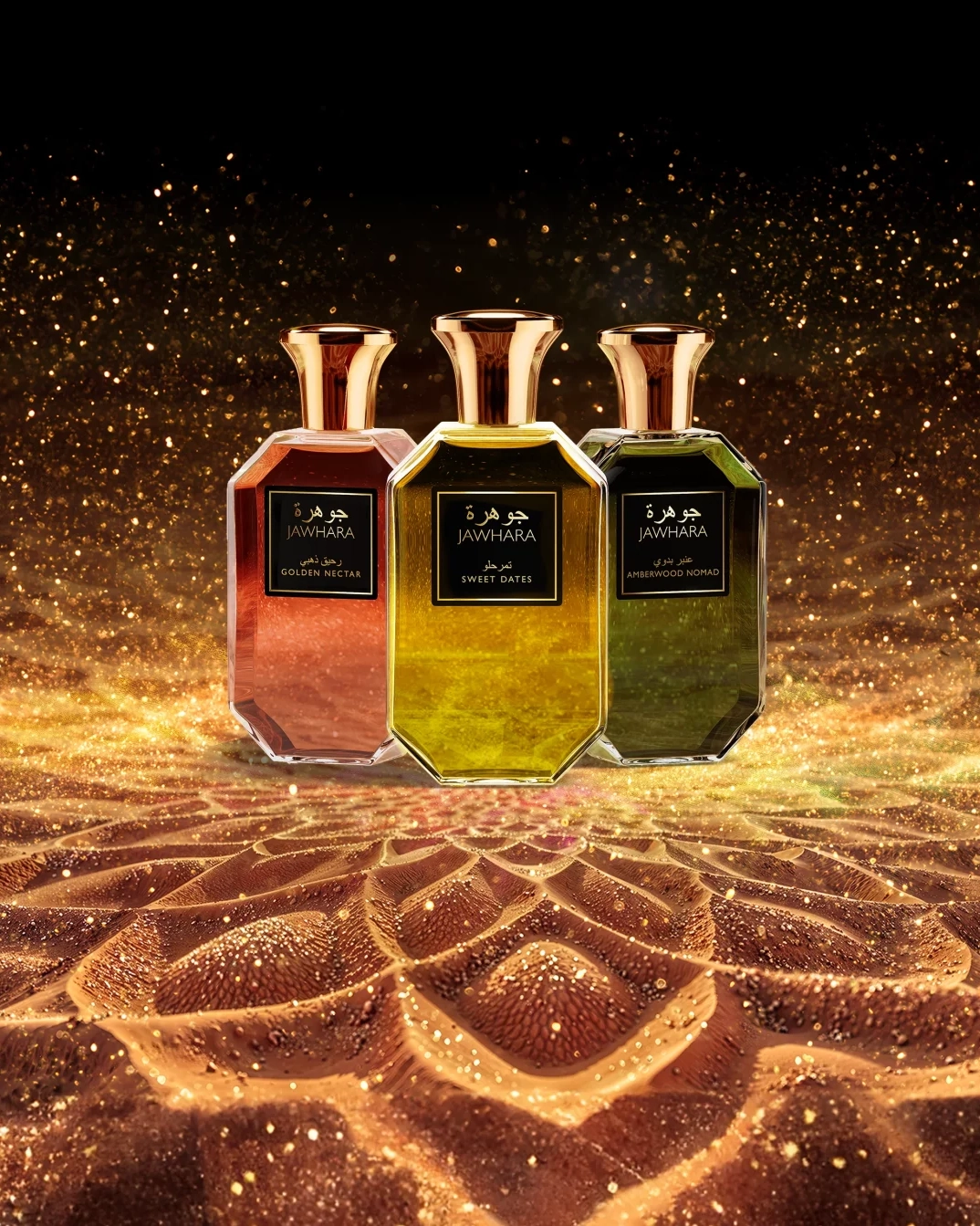 Jawhara Collection arabische Düfte Wüste Keyvisual Partikel Gold