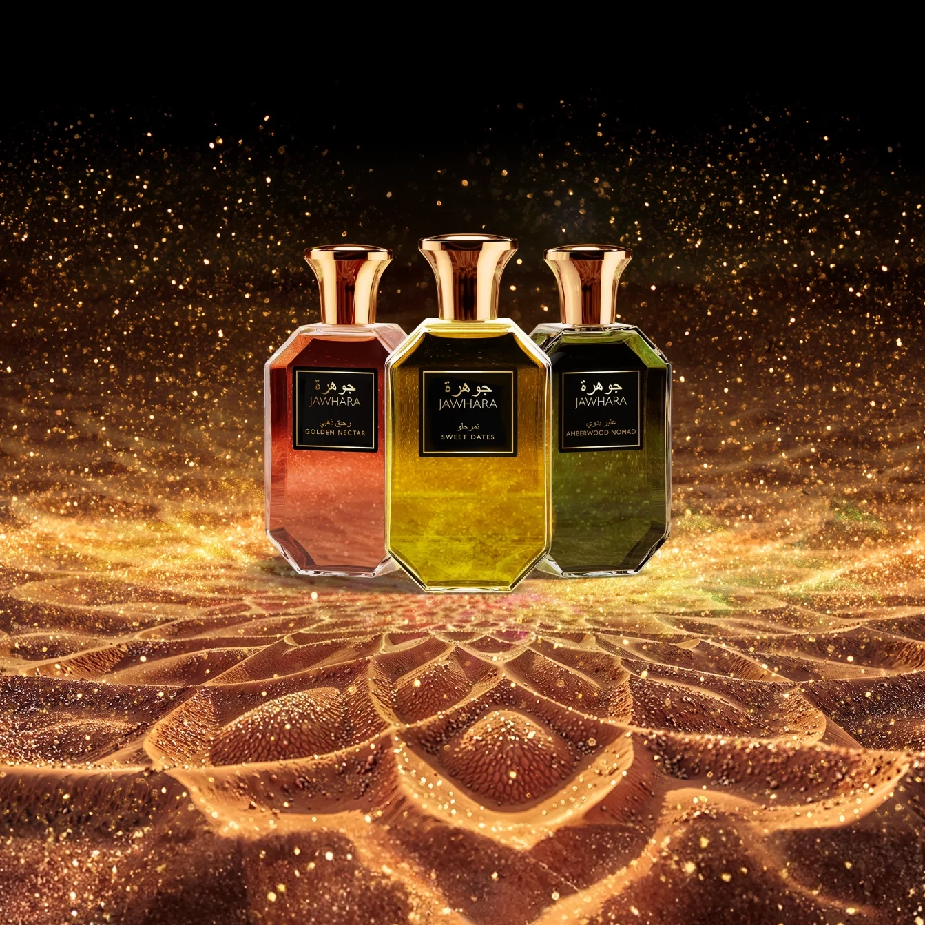 Jawhara Collection arabische Düfte Wüste Keyvisual Partikel Gold