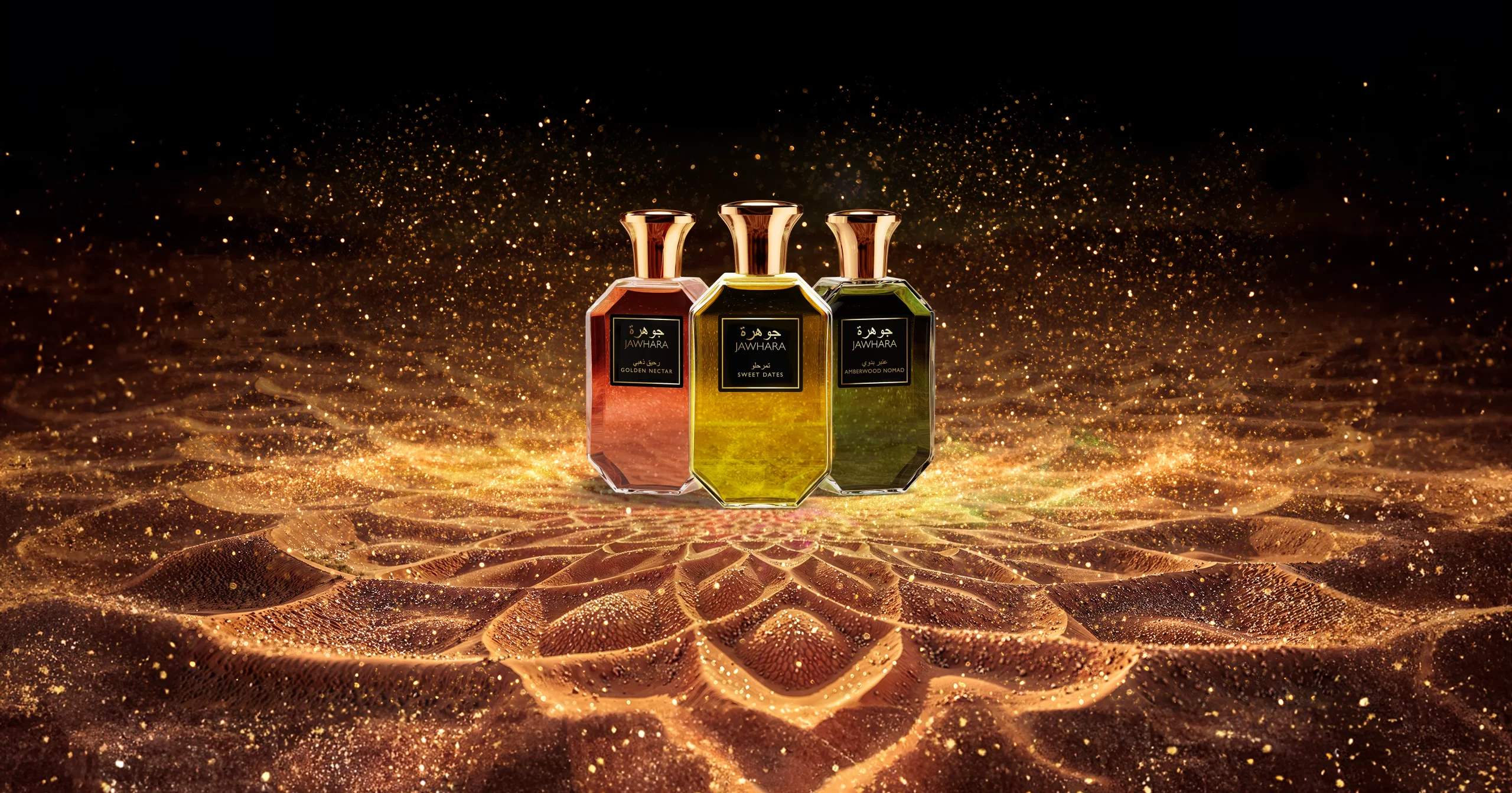 Jawhara Collection arabische Düfte Wüste Keyvisual Partikel Gold