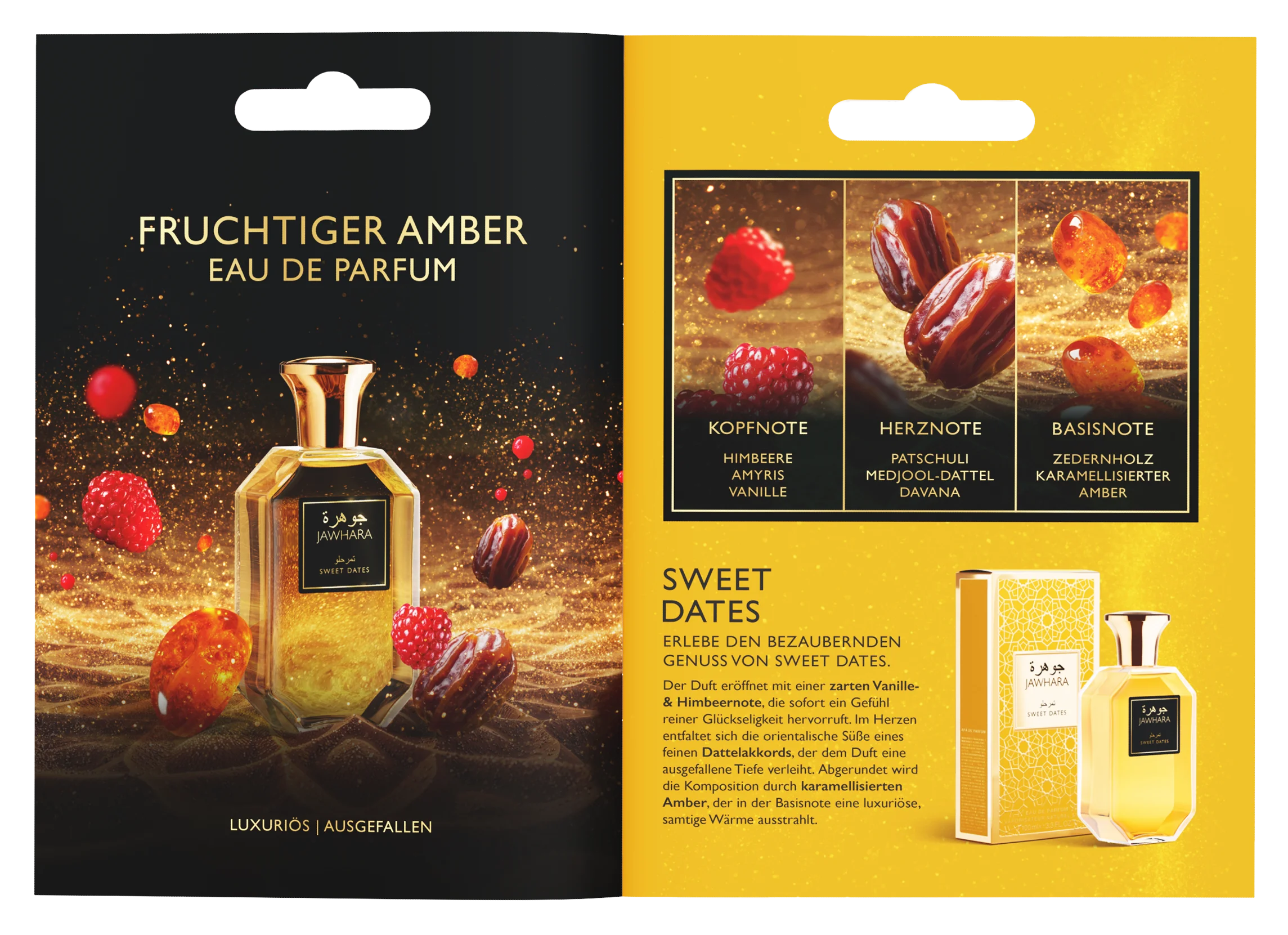 Jawhara Collection arabische Düfte Wüste Regalbroschüre Mockup gelb